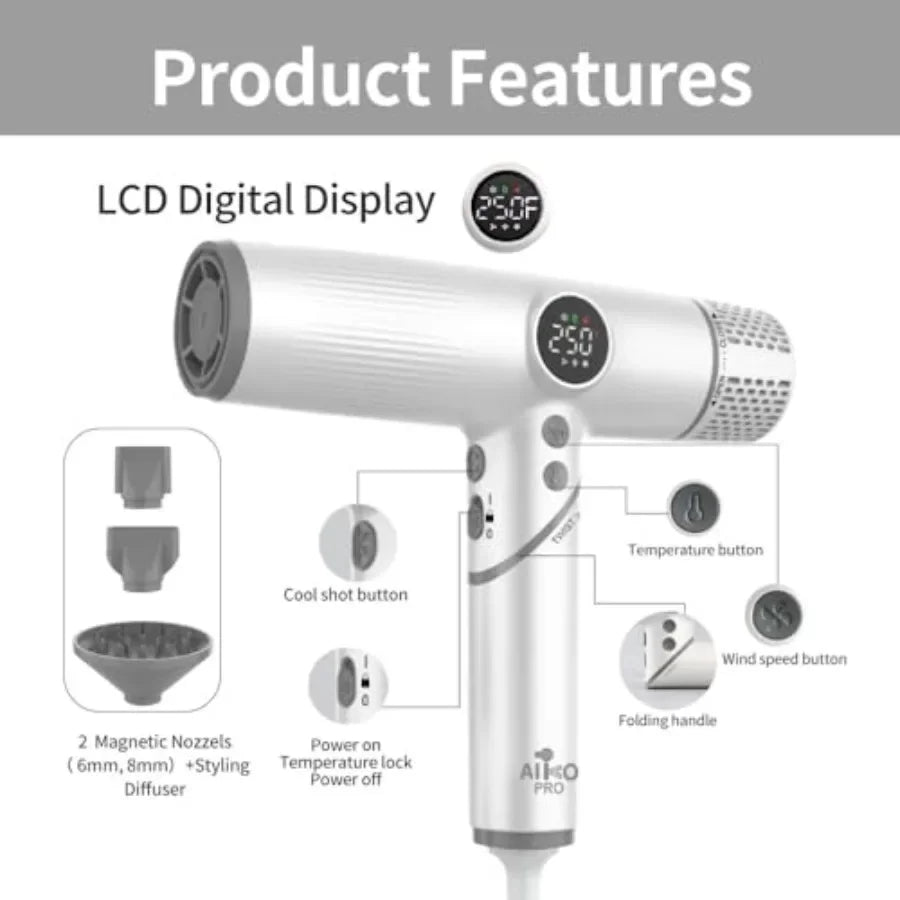 Ionic Hair Dryer 1800W High-Speed Foldable Travel Blow Dryer with Brushless Motor for Fast Drying Frizz Control 3 Temperatures